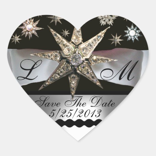 DIAMOND STARS BLACK WHITE RIBBON MONOGRAM HEART HART STICKER (Voorkant)