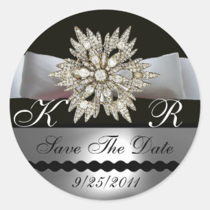 DIAMOND STARS BLACK WHITE RIBBON MONOGRAM RONDE STICKER