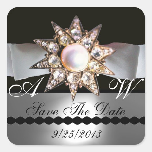 DIAMOND STARS BLACK WHITE RIBBON MONOGRAM VIERKANTE STICKER (Voorkant)