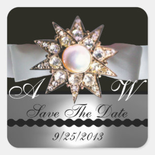 DIAMOND STARS BLACK WHITE RIBBON MONOGRAM VIERKANTE STICKER