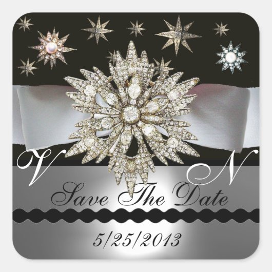 DIAMOND STARS BLACK WHITE RIBBON MONOGRAM VIERKANTE STICKER (Voorkant)