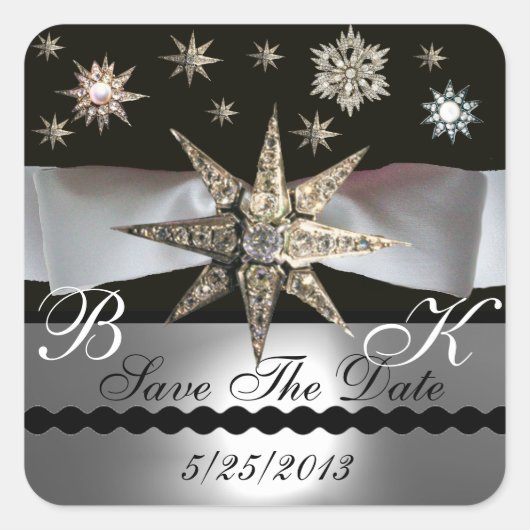 DIAMOND STARS BLACK WHITE RIBBON MONOGRAM VIERKANTE STICKER (Voorkant)