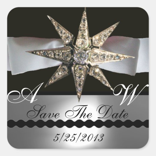 DIAMOND STARS BLACK WHITE RIBBON MONOGRAM VIERKANTE STICKER (Voorkant)