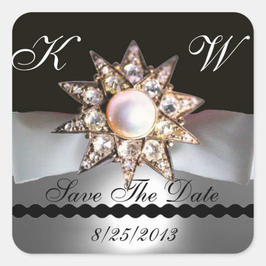 DIAMOND STARS BLACK WHITE RIBBON MONOGRAM VIERKANTE STICKER (Voorkant)