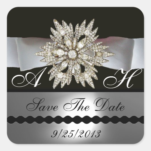 DIAMOND STARS BLACK WHITE RIBBON MONOGRAM VIERKANTE STICKER (Voorkant)