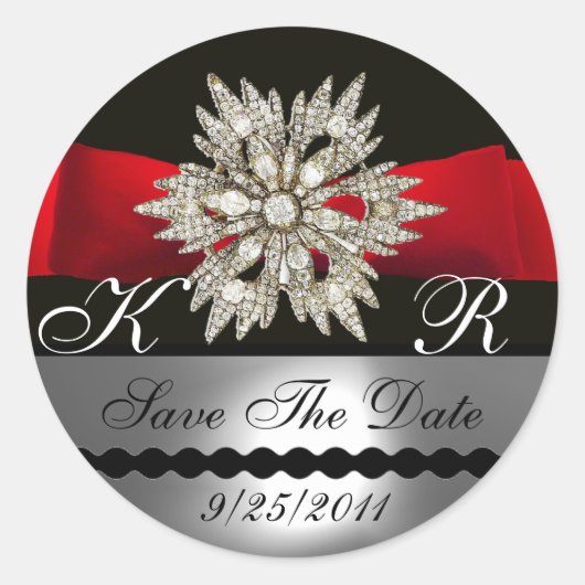 DIAMOND STARS BLACK WHITRED RIBBON MONOGRAM RONDE STICKER (Voorkant)