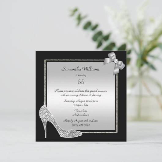 Diamond Stiletto & Romantic Silver Bow Birthday Kaart (Staand voorkant)