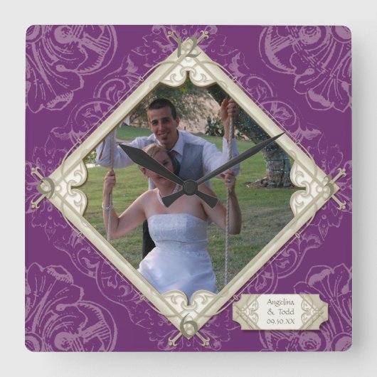 Diamond Swirl Flourish Typography Trouwfoto Vierkante Klok (Voorkant)