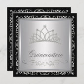Diamond Tiara Black Damask Quinceanera Kaart (Voorkant / Achterkant)