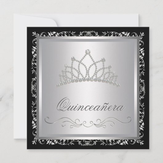 Diamond Tiara Black Damask Quinceanera Kaart (Voorkant)