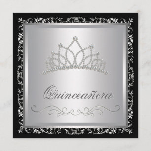 Diamond Tiara Black Damask Quinceanera Kaart