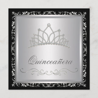 Diamond Tiara Black Damask Quinceanera Kaart