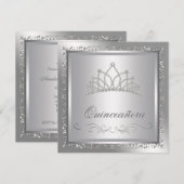 Diamond Tiara Elegant Zilveren Damask Quinceanera Kaart (Voorkant / Achterkant)