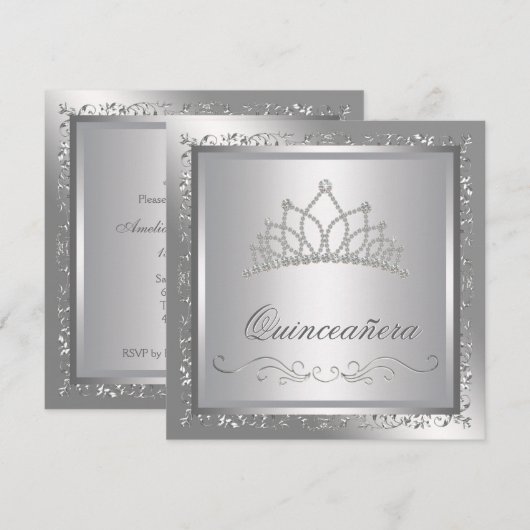 Diamond Tiara Elegant Zilveren Damask Quinceanera Kaart (Voorkant / Achterkant)
