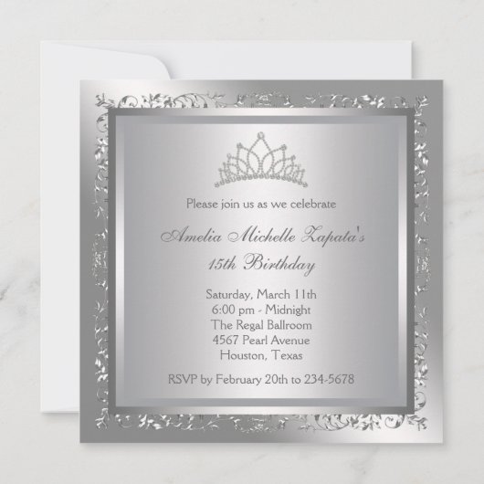 Diamond Tiara Elegant Zilveren Damask Quinceanera Kaart (Achterkant)