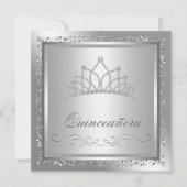 Diamond Tiara Elegant Zilveren Damask Quinceanera Kaart (Voorkant)