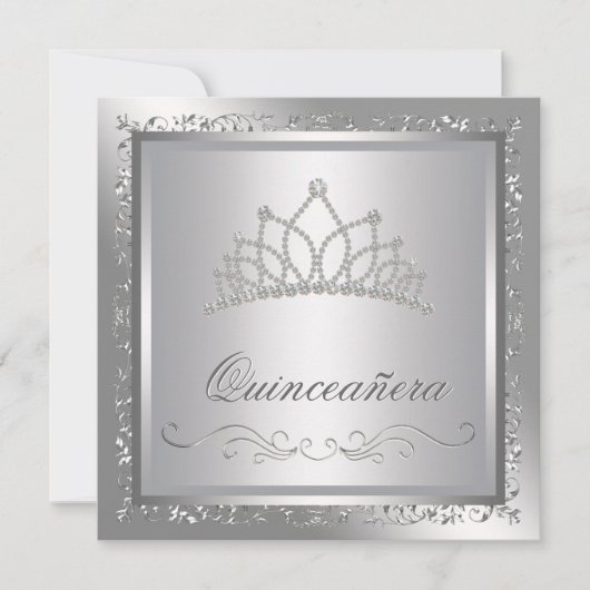 Diamond Tiara Elegant Zilveren Damask Quinceanera Kaart (Voorkant)