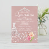 Diamond tiara en jurk bloemenchique quinceanera kaart (Staand voorkant)