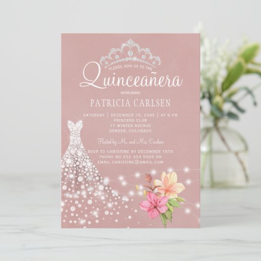 Diamond tiara en jurk bloemenchique quinceanera kaart (Staand voorkant)