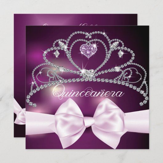 Diamond Tiara Pink Bow Quinceañera Uitnodiging (Voorkant / Achterkant)