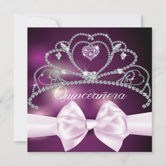 Diamond Tiara Pink Bow Quinceañera Uitnodiging (Voorkant)