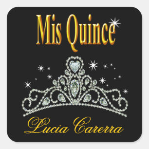 Diamond Tiara Quinceañera (zwart/geel) Feest Vierkante Sticker