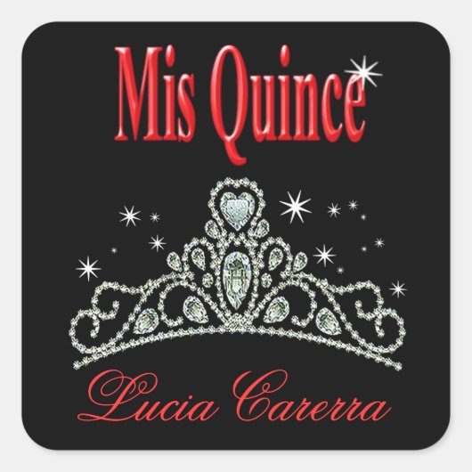 Diamond Tiara Quinceañera (zwart/rood) Feest Vierkante Sticker (Voorkant)