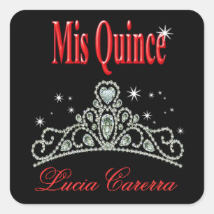Diamond Tiara Quinceañera (zwart/rood) Feest Vierkante Sticker