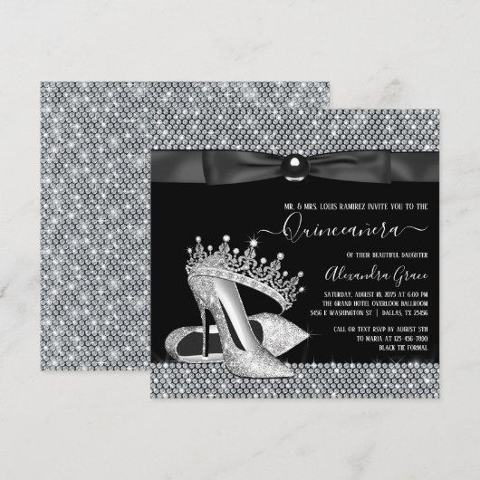 Diamond Tiara Schoen Glam Zwart Stropdas Quinceane Kaart (Voorkant / Achterkant)