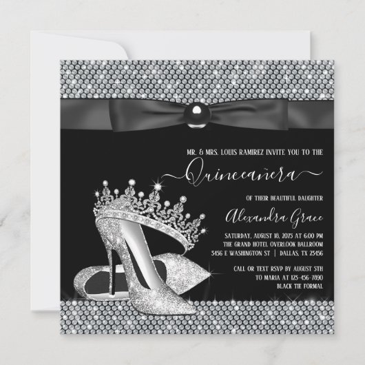 Diamond Tiara Schoen Glam Zwart Stropdas Quinceane Kaart (Voorkant)