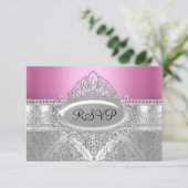 Diamond Tiara & Silver Damask Roze RSVP Kaartje (Staand voorkant)