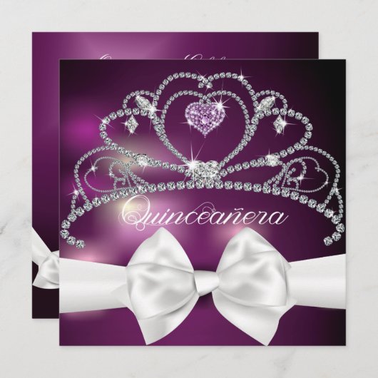Diamond Tiara White Bow Quinceañera uitnodiging (Voorkant / Achterkant)