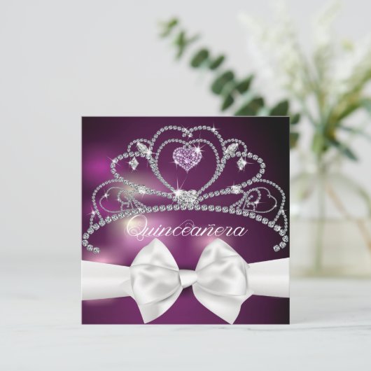 Diamond Tiara White Bow Quinceañera uitnodiging (Staand voorkant)