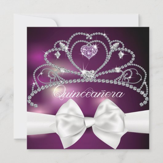 Diamond Tiara White Bow Quinceañera uitnodiging (Voorkant)
