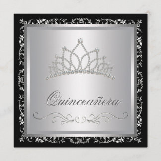 Diamond Tiara Zwarte Damast Quinceanera Kaart