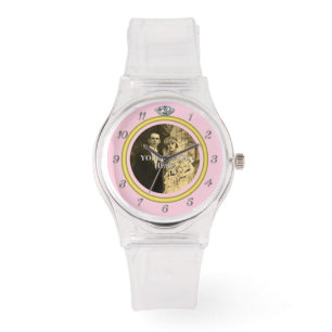 Diamond trouwring met foto op roze Horloge