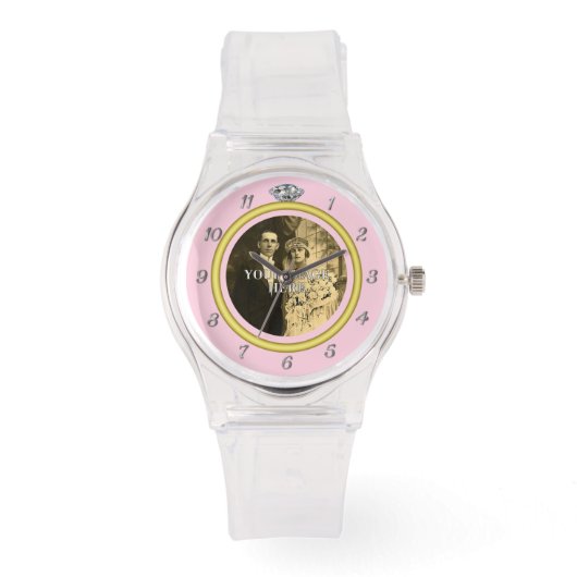  Diamond trouwring met foto op roze Horloge (Voorkant)