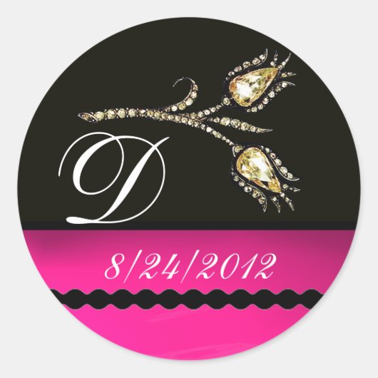 DIAMOND TULIPS BLACK WHITPINK FUCHSIA MONOGRAM RONDE STICKER (Voorkant)