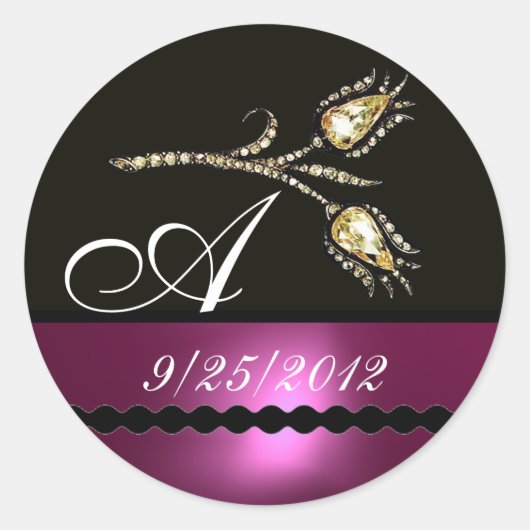 DIAMOND TULIPS BLACK WHITPINK FUCHSIA MONOGRAM RONDE STICKER (Voorkant)
