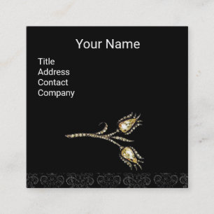 DIAMOND TULIPS DAMASKMONOGRAM, zwart-wit Vierkante Visitekaartje