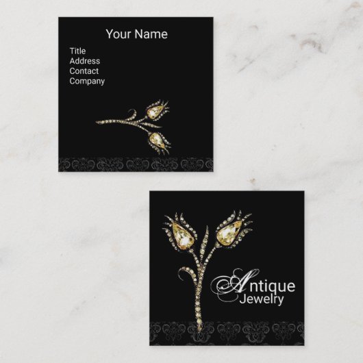 DIAMOND TULIPS DAMASKMONOGRAM, zwart-wit Vierkante Visitekaartje (Voorkant / Achterkant)