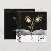 DIAMOND TULIPS, Roze zwart-wit Damask-monogram Aankondiging (Voorkant / Achterkant)