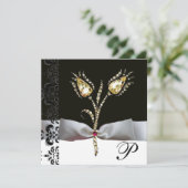 DIAMOND TULIPS, Roze zwart-wit Damask-monogram Aankondiging (Staand voorkant)