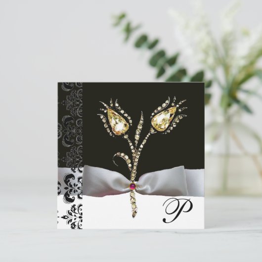 DIAMOND TULIPS, Roze zwart-wit Damask-monogram Aankondiging (Staand voorkant)
