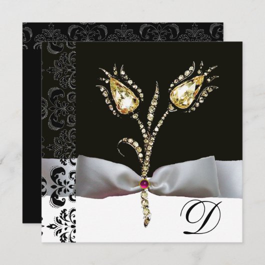 DIAMOND TULIPS, Roze zwart-wit Damask-monogram Aankondiging (Voorkant / Achterkant)