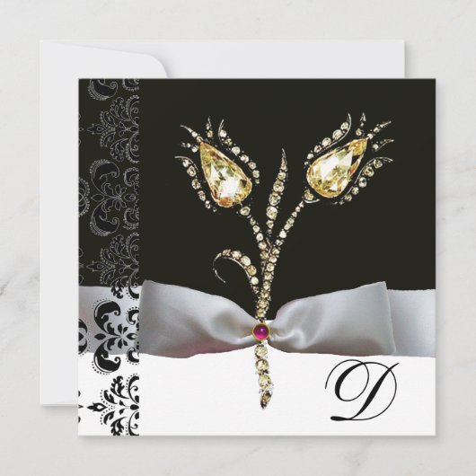 DIAMOND TULIPS, Roze zwart-wit Damask-monogram Aankondiging (Voorkant)