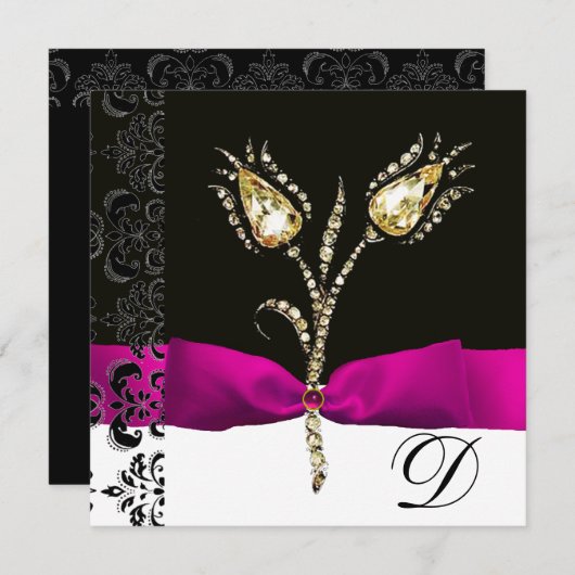 DIAMOND TULIPS, Roze zwart-wit Damask-monogram Aankondiging (Voorkant / Achterkant)