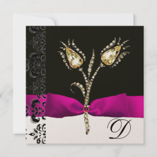 DIAMOND TULIPS, Roze zwart-wit Damask-monogram Aankondiging