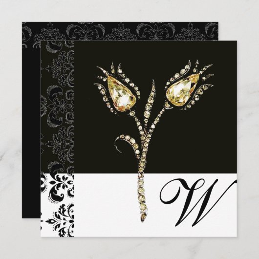 DIAMOND TULIPS-, zwart- en gouddamesmonogram Aankondiging (Voorkant / Achterkant)