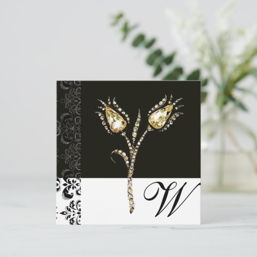 DIAMOND TULIPS-, zwart- en gouddamesmonogram Aankondiging (Staand voorkant)